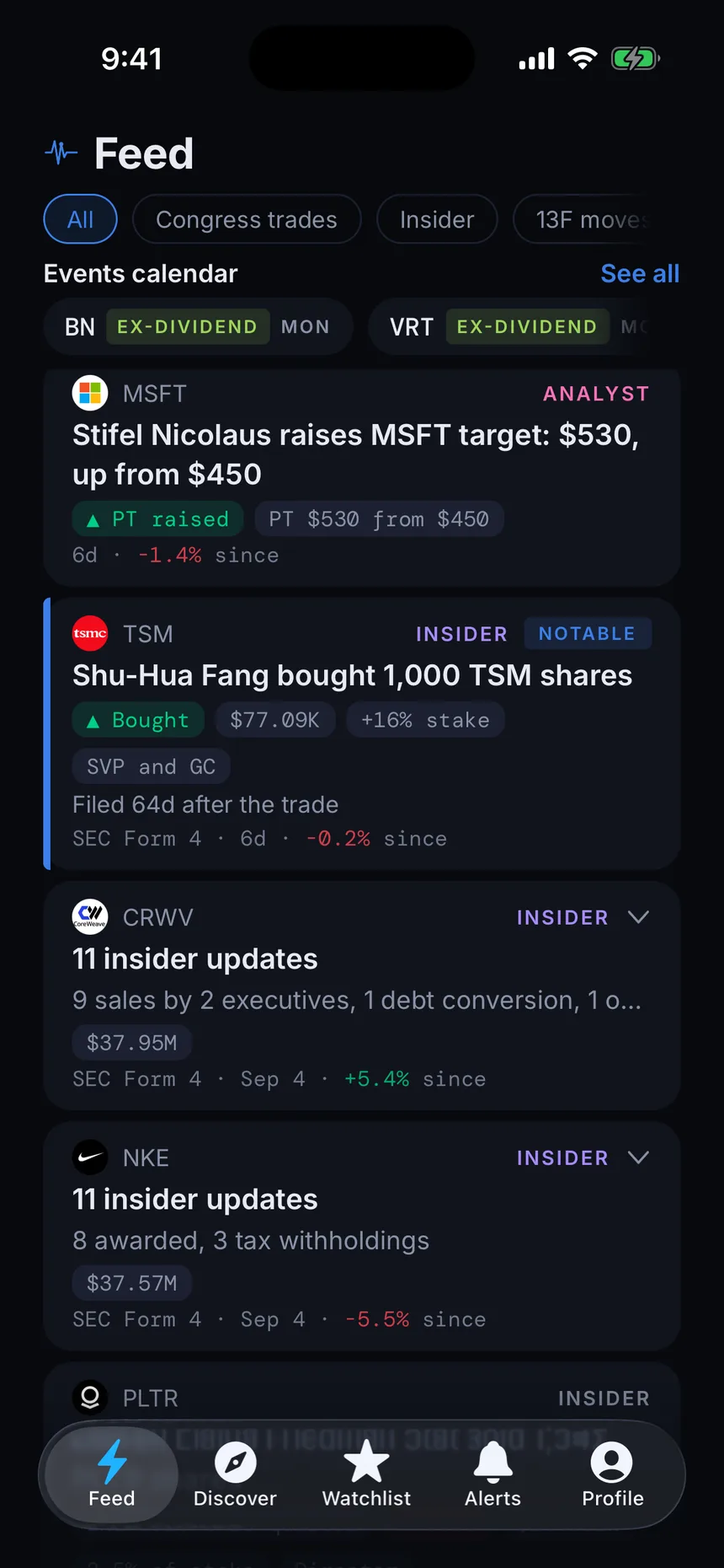 The GetSignal feed in dark mode with an analyst price target, an insider buy, grouped insider updates and the events calendar